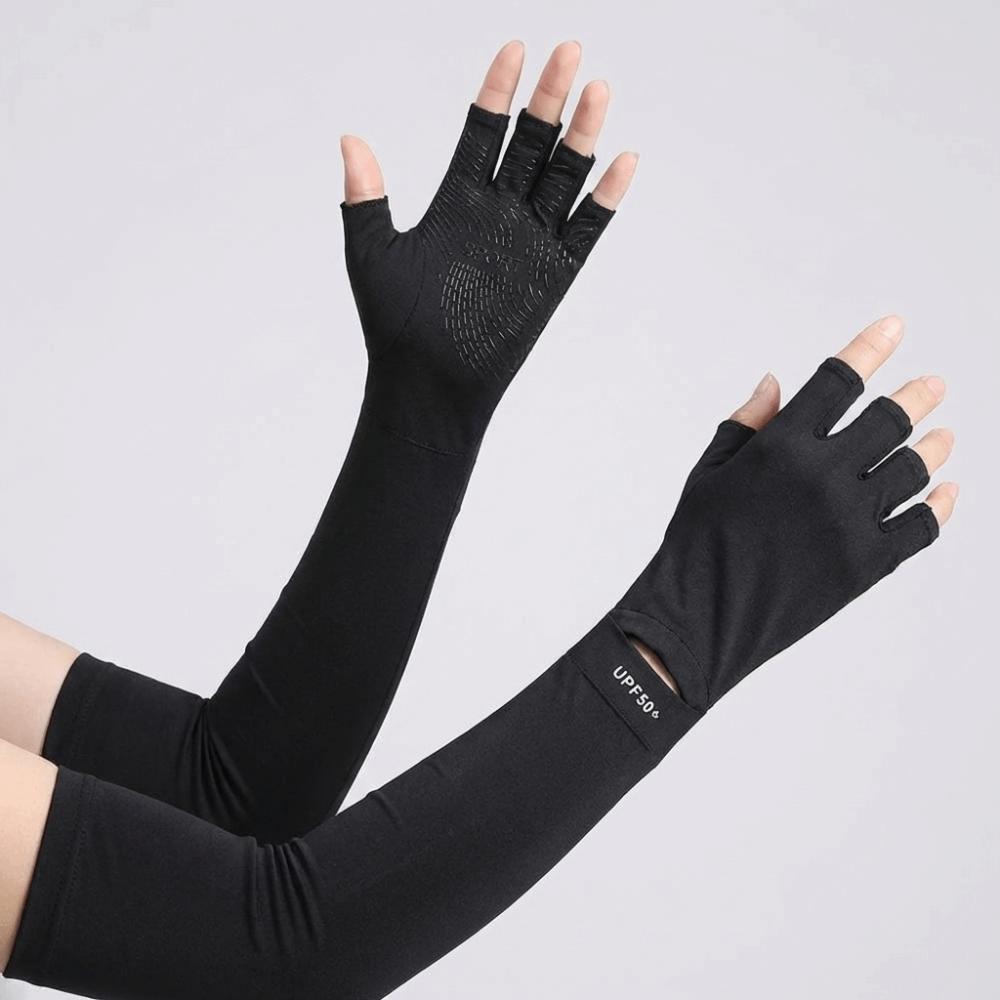 Sun Protection Long Sleeve Solid Color Sunscreen Sleeve Gloves Thin Ice Silk Arm Sleeve  Women