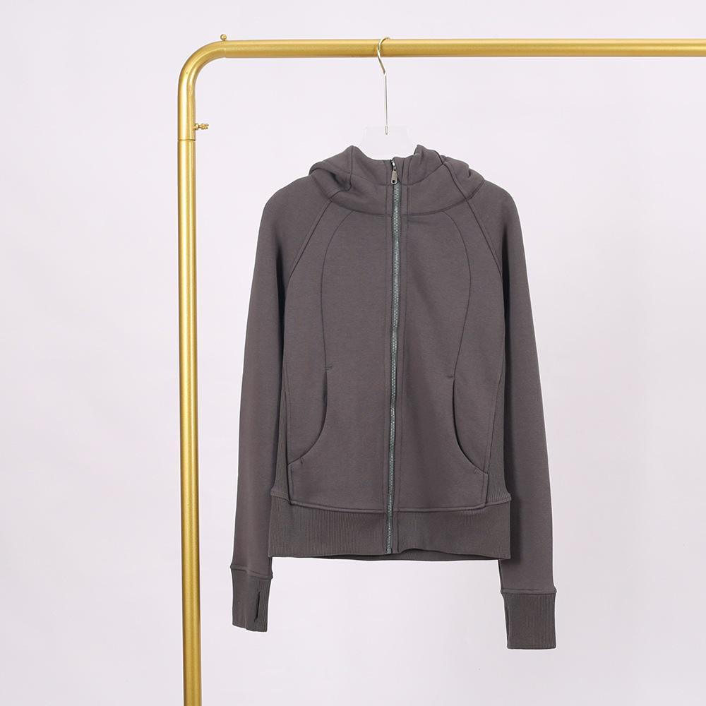 LULU Embossed Slim Fit Full Zip Fleece Hoodie - Gold Logo & Zipper, Casual Yoga Wear.