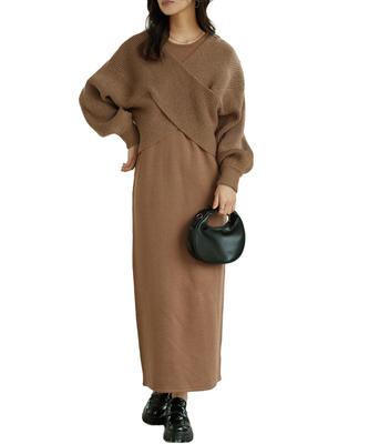 Kobe Lettuce Sweater and Knit Set with Top and Front and Back Long Elegant and Cute Outfit M Mocha Women's Dress, 2-Piece Cache-Coeur Two-Way Sweater,