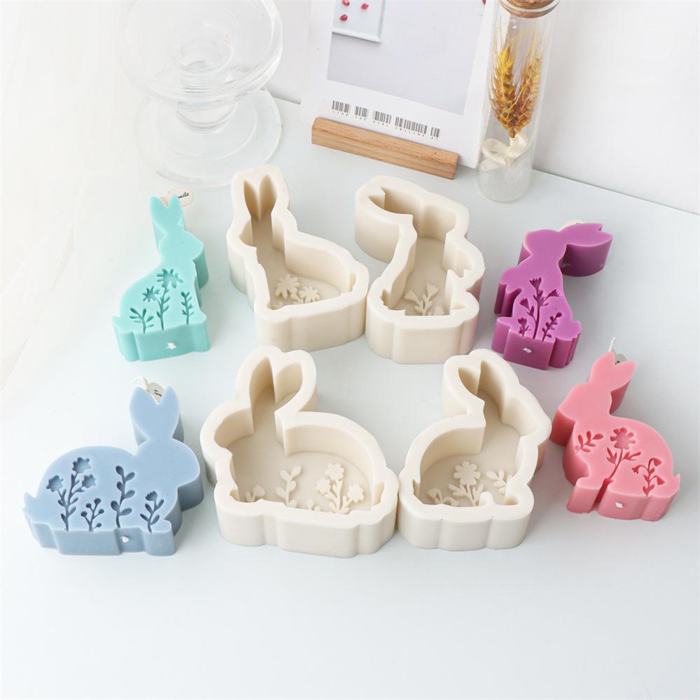 2D Flower Rabbit Candle Silicone Mold Relief Plant Flower Candle Mold Easter Rabbit Cake Chocolate Silicone Mold Soap Molds