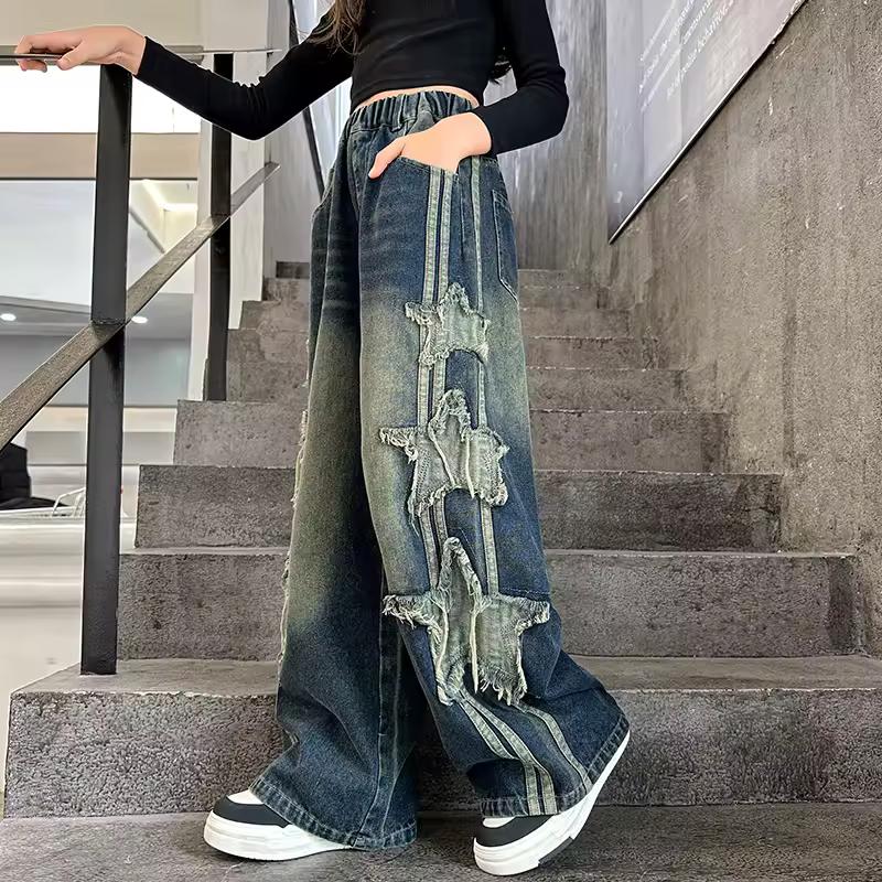 Kids Luxury Baggy Jeans with Side Stripe for Tween Girl Stylish Street Hip Hop Denim Pants Teens Child Star Trousers