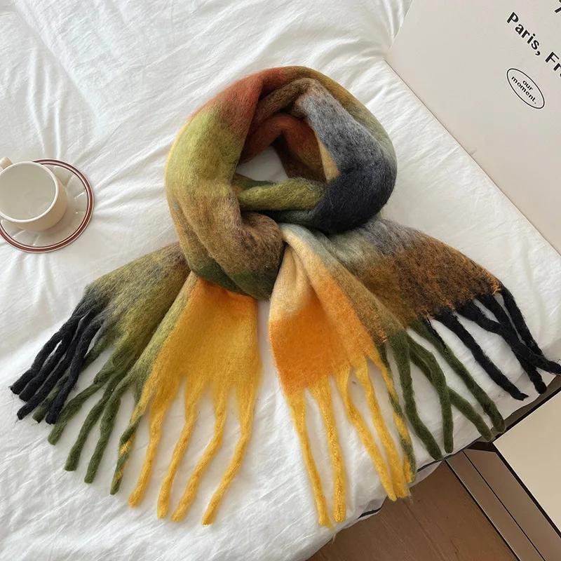 

New Fashion Design Muffler Female Fairy Powder Gradual Change Tassel Mohair Scarf Women Winter Thermal Imitation Cashmere Scarf 240-40cm