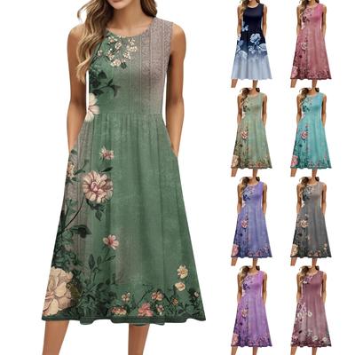 Women's Fashionable Printed Round Neck Sleeveless Casual Pullover Pocket Mid Length Dress