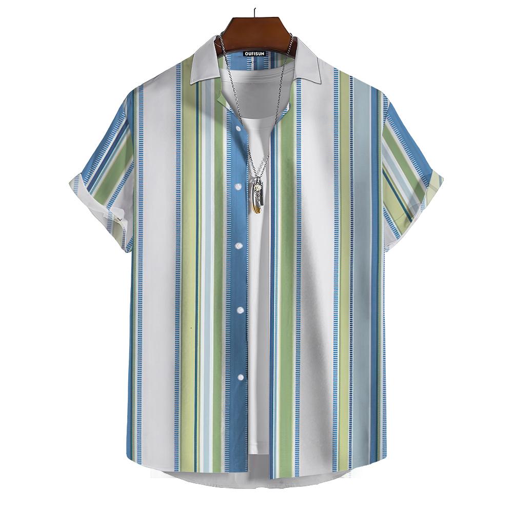 Summer Fashion Striped Print Men's Printed Short Sleeve Shirt Street Daily Business Casual Men's Shirt Oversized Tops