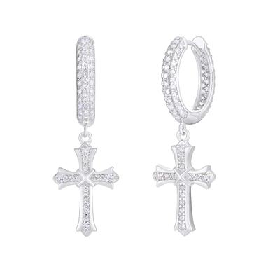 Cross Cross Hoop Silver Both 15mm 14K Gold Dangling Drop CZ Sparkling KRKC&CO Earrings, Earrings, Zirconia, Men's, 925, Ears, Diameter, Plated,