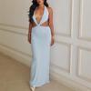European and American summer sexy solid color hollow out deep V-neck hanging neck twisted irregular dress
