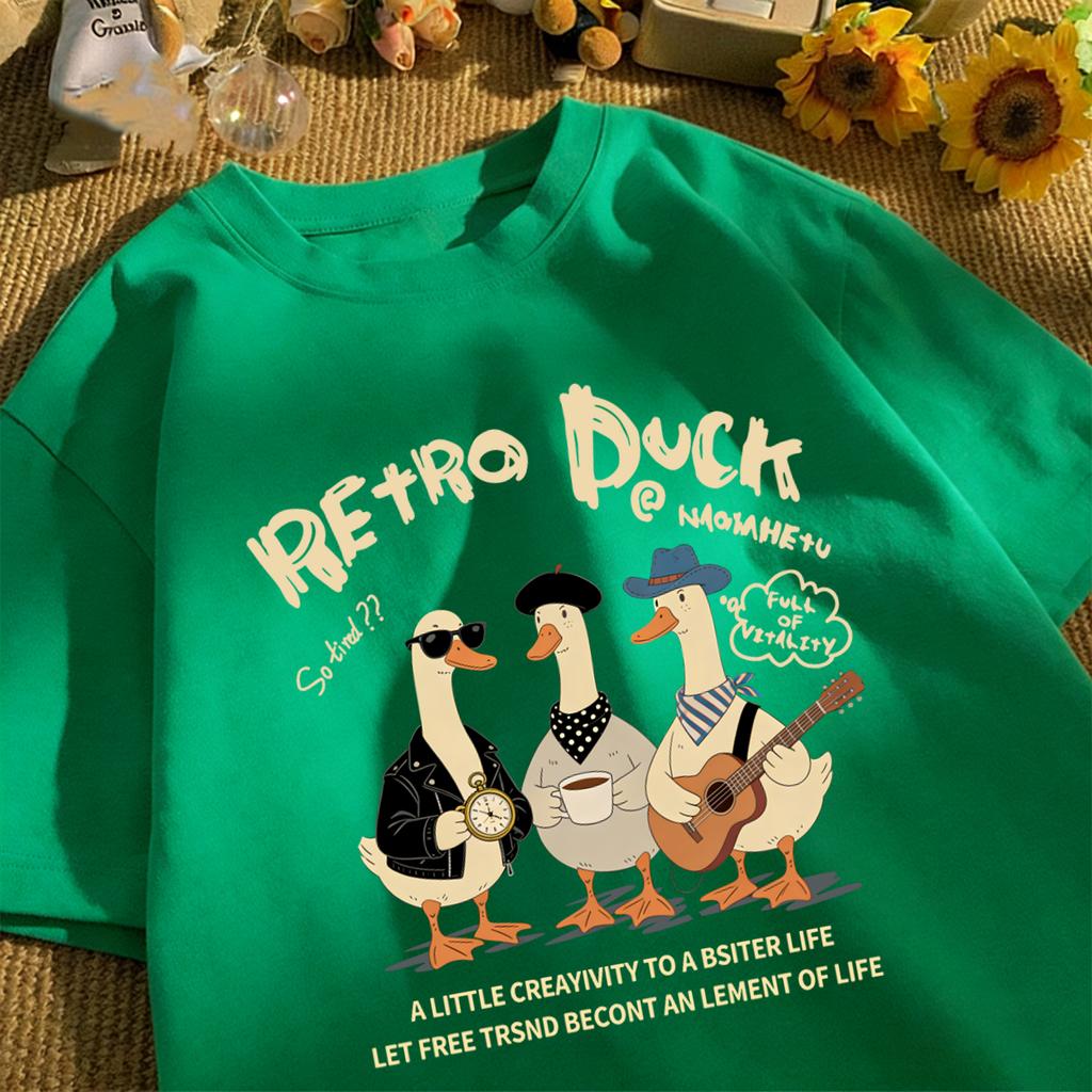 Retro Duck With Free Time Print Short Sleeve Unisex Cotton Fashion O-Neck Top Retro Basics Clothing Unisex Summer Loose Tee