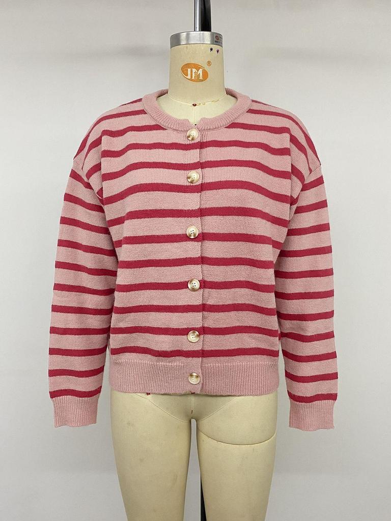 2026 Autumn/Winter European & American Loose Single-Breasted Striped Round Neck Sweater Coat for Women