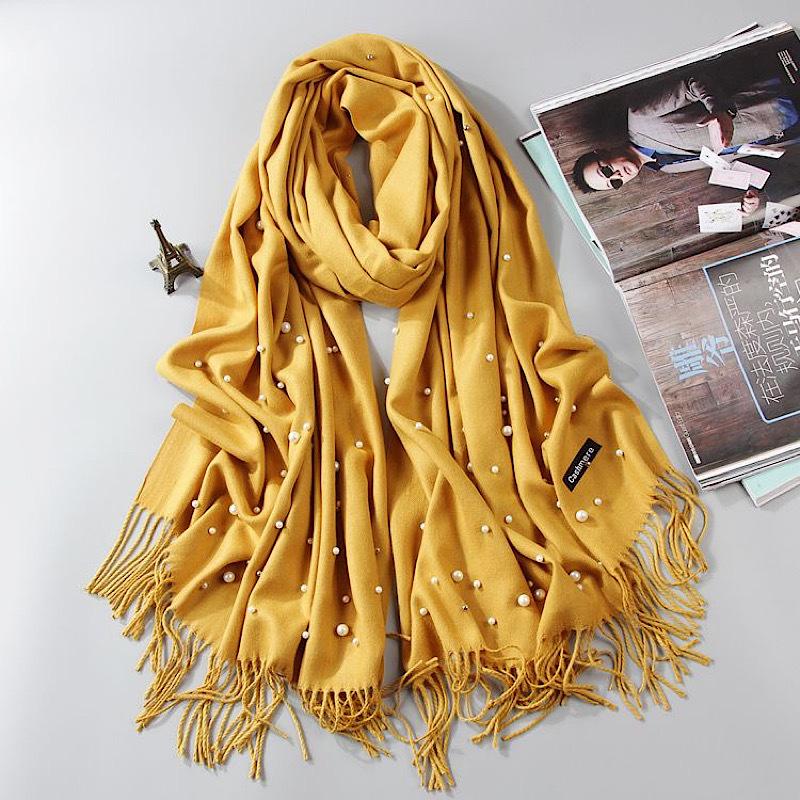 Luxury Pearls Solid Color Cashmere Scarf Women Winter Warm Pashmina Scarves Tassel Casual Bufanda Poncho Lady Wraps Shawls