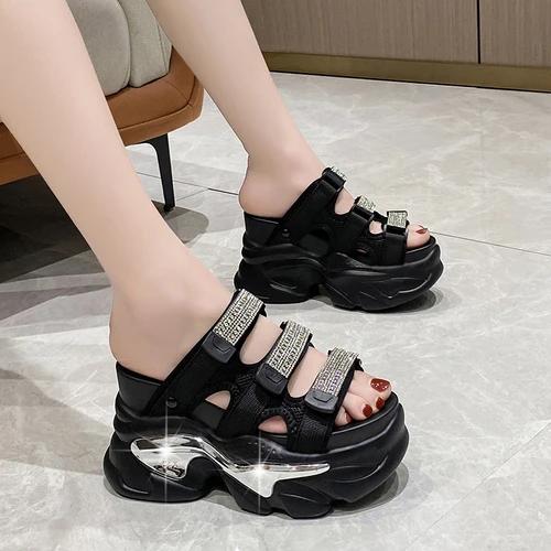 10cm Wedge Heels Slippers for Women 2025 New Summer High Platform Sandals Woman Thick Bottom Non Slip Black Beach Flip Flops
