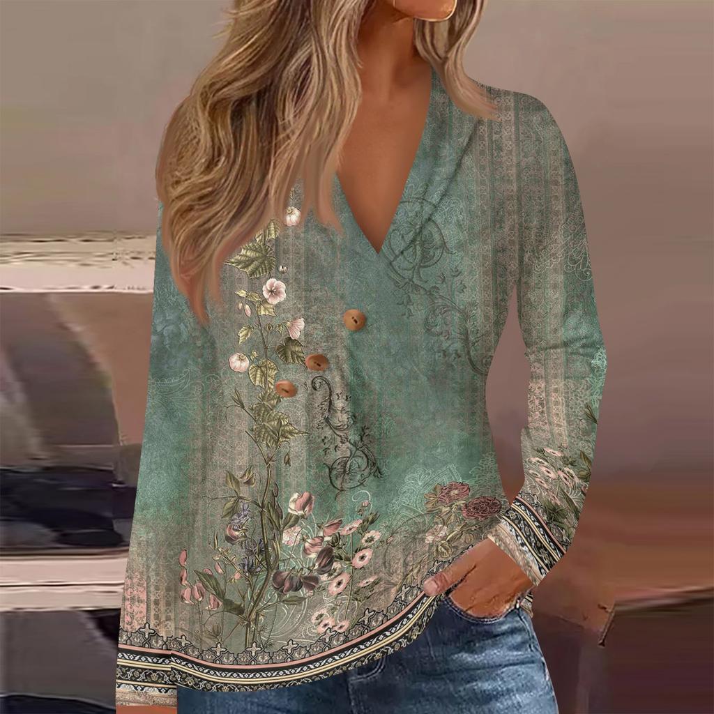 Women's T-Shirt Print V-Neck Button Ruffle Long Sleeve Top