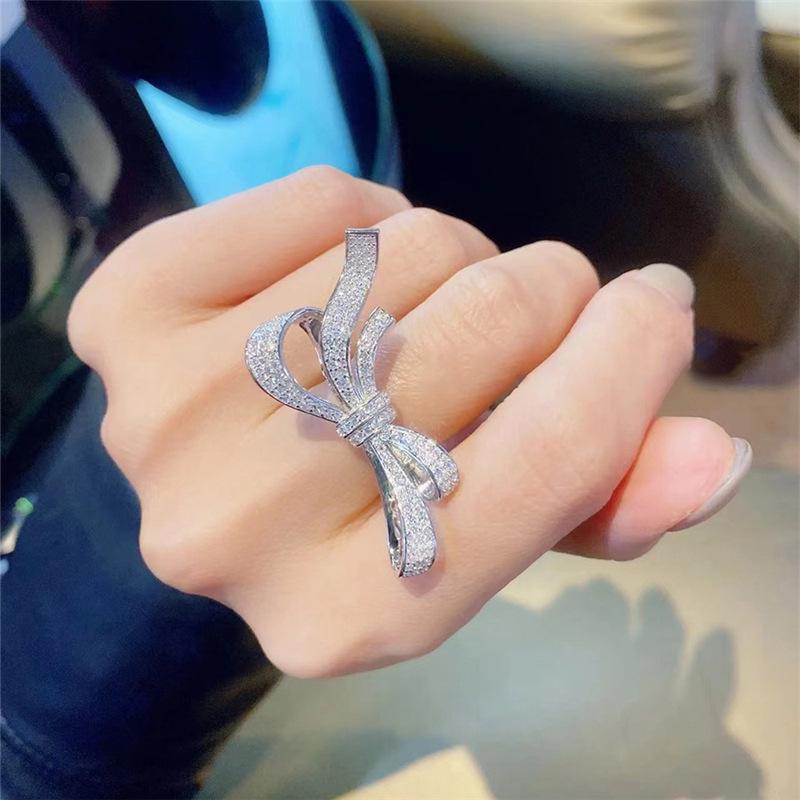 Exquisite Zircon Bow Ring - Trendy Fairy Design with Full Diamond Micro-Setting Adjustable Open