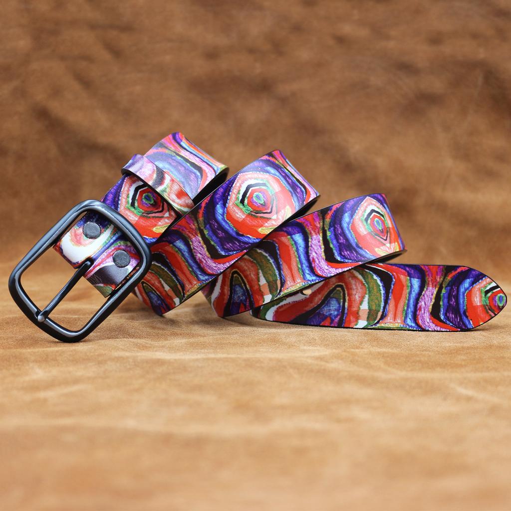 Original, Real Cowhide Retro Rainbow Color Graffiti Printed Belt, Personalized Retro Belt American Japanese And Korean Style
