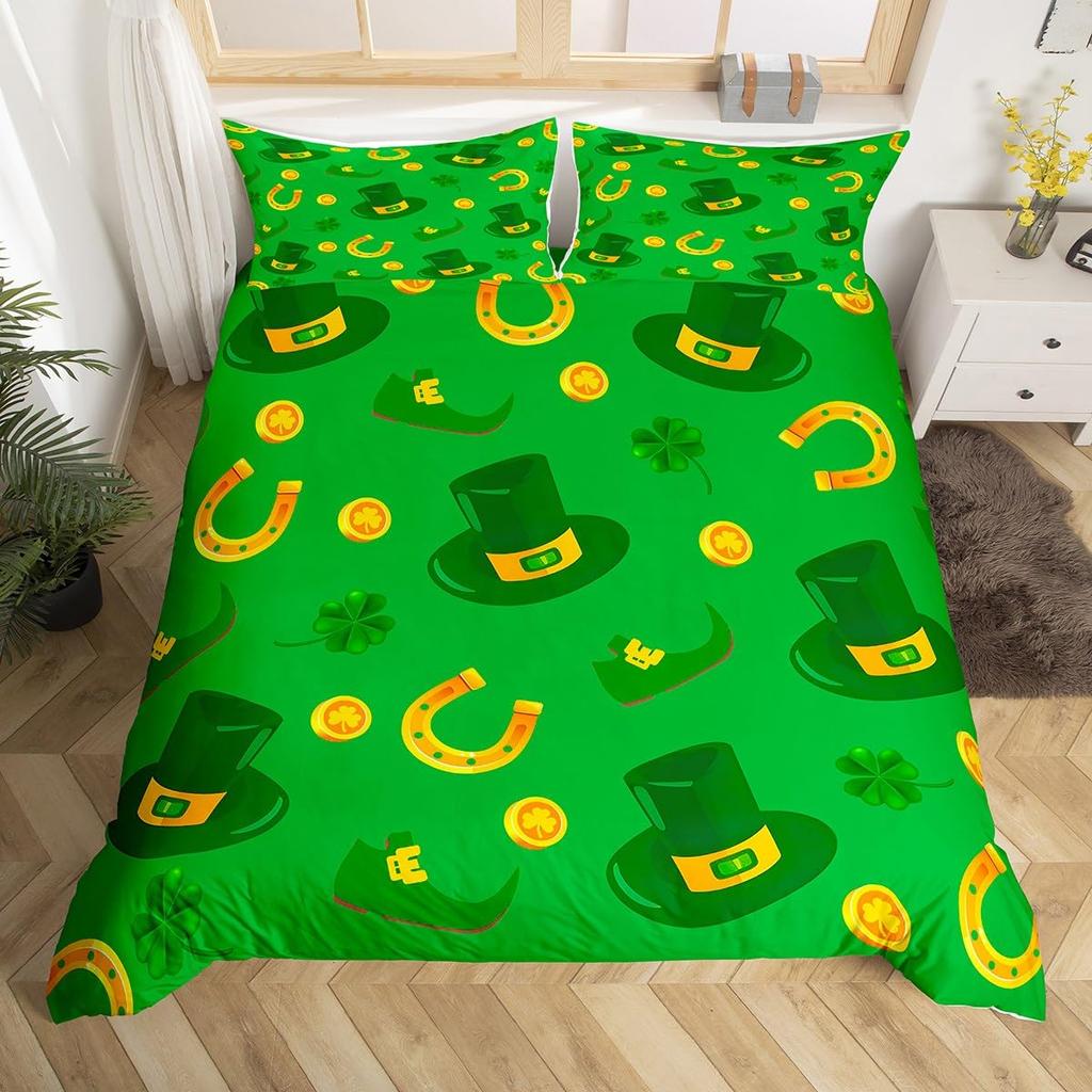 St. Patrick's Day Duvet Cover Queen Cartoon Green Clover Leaves Quilt Cover Holiday Spring Lucky Theme Bedding Set for Dorm Room
