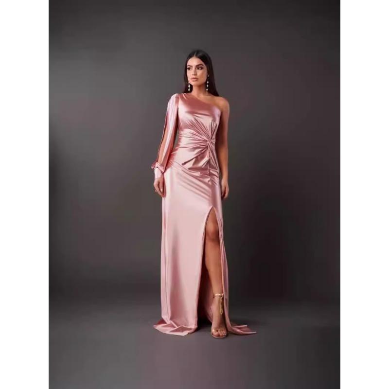 Summer New Women's Clothing Diagonal Collar Shoulder Sleeve Pleated Waist Split Sexy Dress