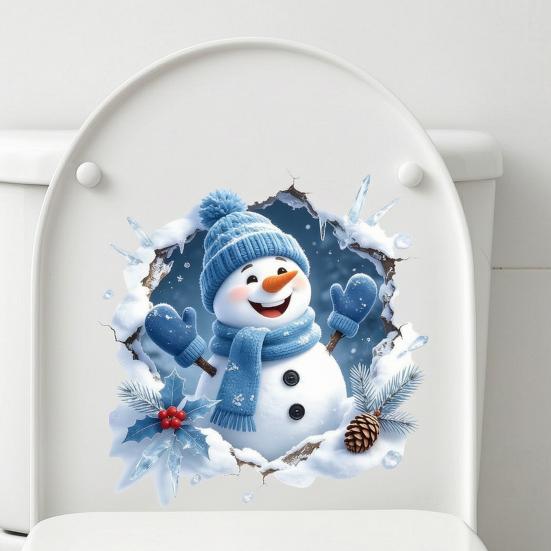 Holiday Glass Door Stickers Christmas Snowman Toilet Stickers, 3D Bathroom Wall Decals, Seat Decals Waterproof PVC Window Creative Decor Gift