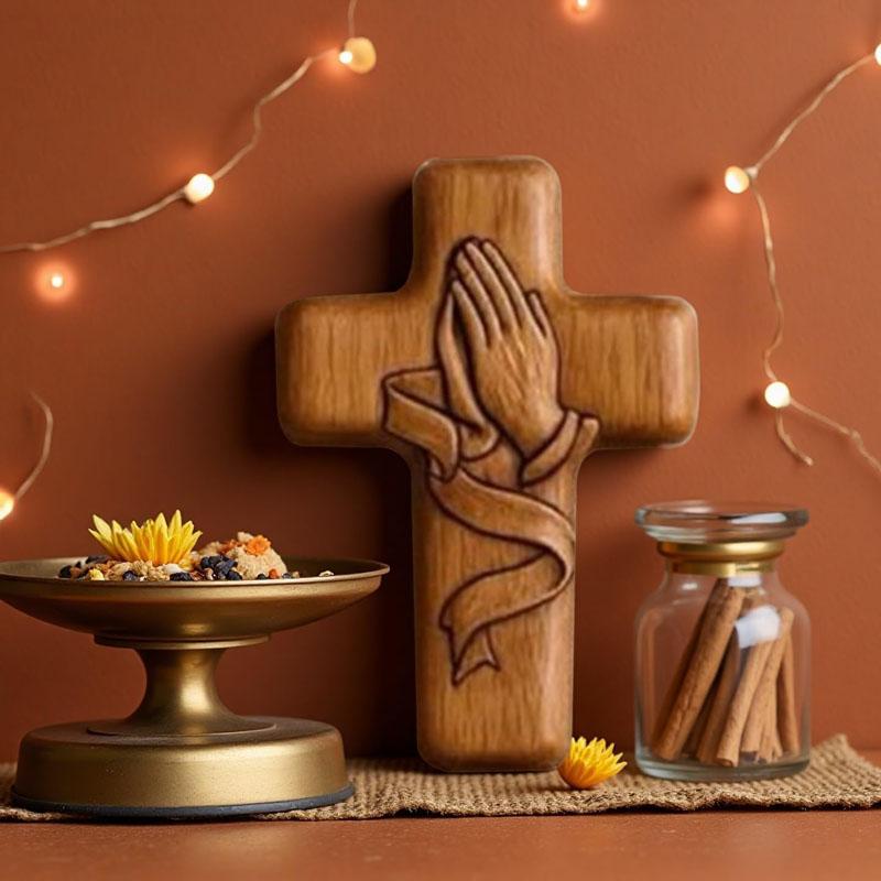Homtrator Prayer Cross Gift – A Silent Embrace Of Faith, Handmade Wooden Prayer Hands Cross for Christian Gifts, Patriotic Companions