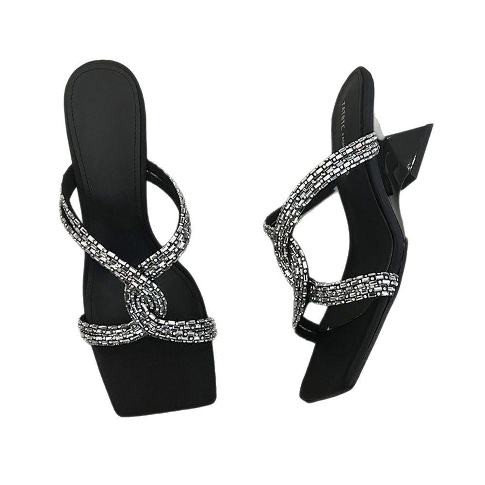 One word with slippers women's summer new French temperament medium high heels outer wear simple square head thin heel sandals black