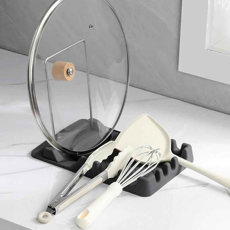 Spatula Rest and Pot Lid Rack with Partitioned Drain Tray, Metal Frame Stand for Sink Area, Table Side Service and Daily Cooking for Kitchen Counter