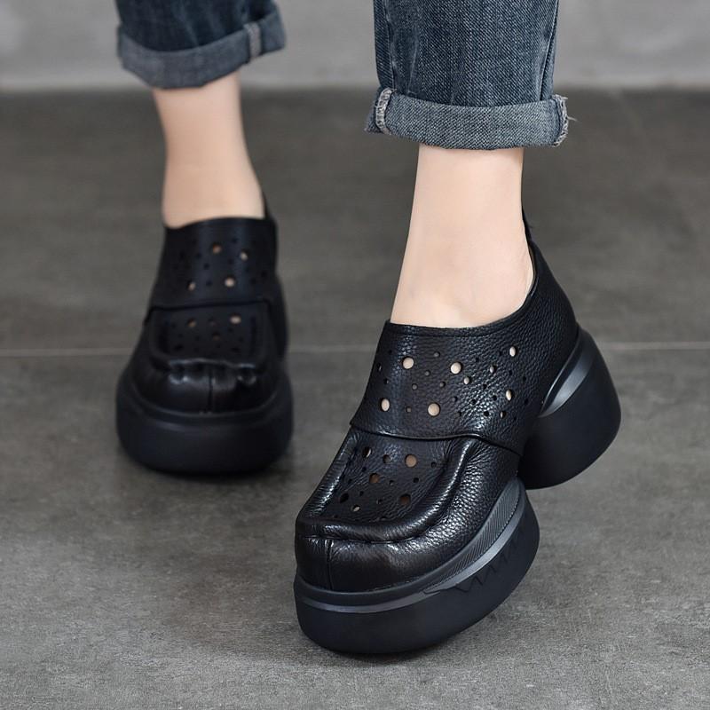 Johnature Thick Soled Retro Hollow Sandals Versatile Genuine Leather High Heels Women's Platform Shoes