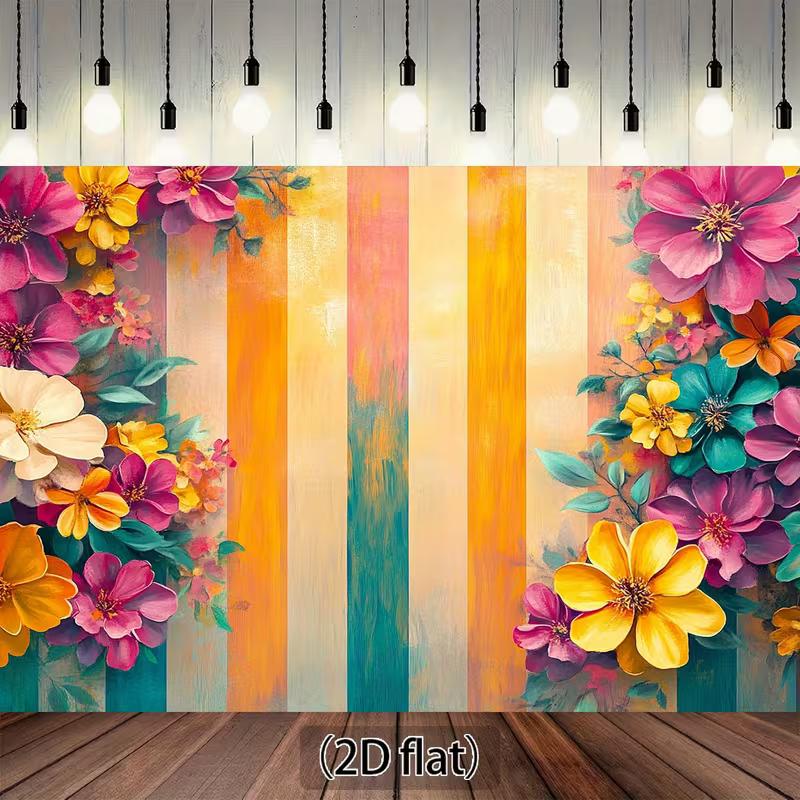 2D Colorful Floral Backdrop, Vibrant Flowers with Striped Background 47.2x31.5inch/120*80cm