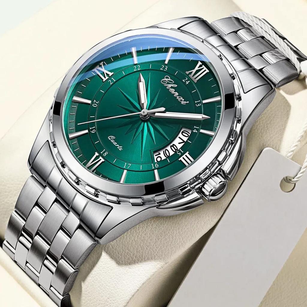 Bărbați ceas de mână din oțel inoxidabil luminos impermeabil cuarț calendar simplu ceas de afaceri la modă