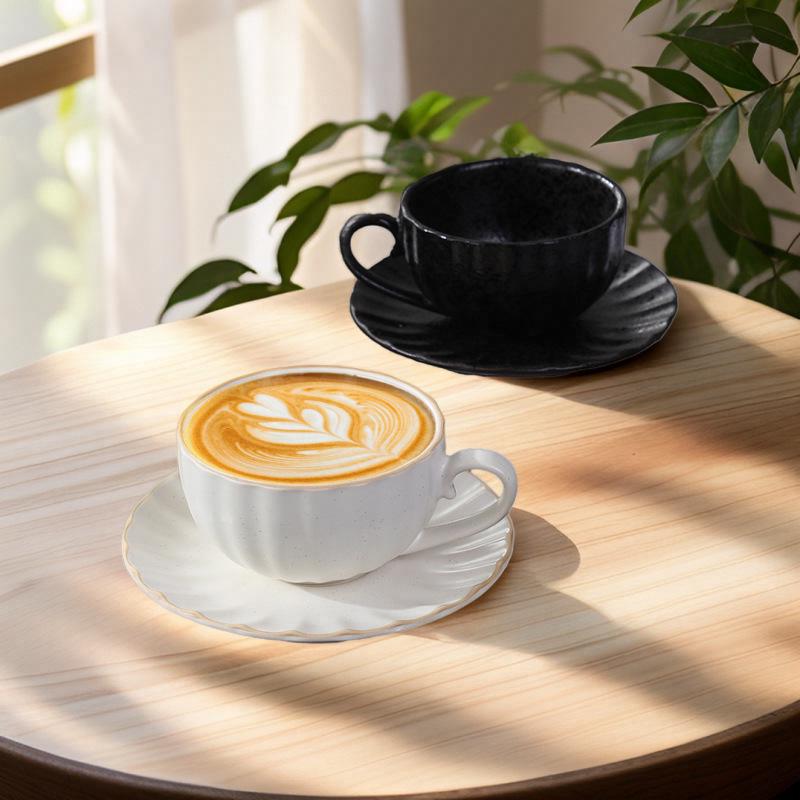 Retro Japanese Ceramic Coffee Cup & Saucer Set - Light Luxury Underglaze Design.