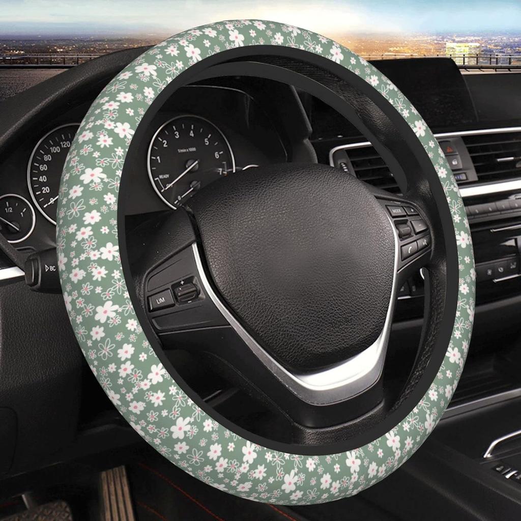 Sage Green Hippie Flower Auto Car Steering Wheel Cover Universal 15 Inch Neoprene Interior Decor Protection Accessories