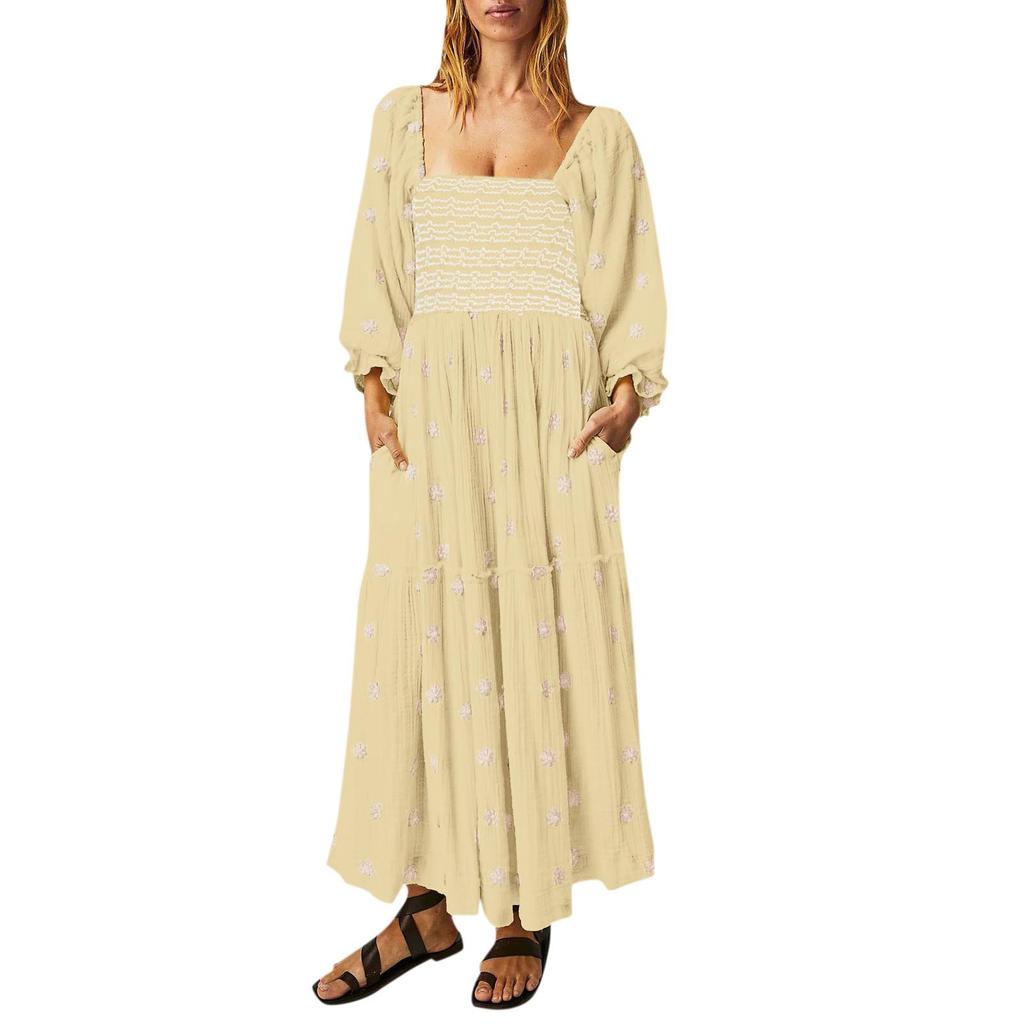 Herbst Damen Casual Kleid Quadrat Kragen Horn Ärmel Langen Rock Casual Und Sommer Maxi Kleider Für Frauen