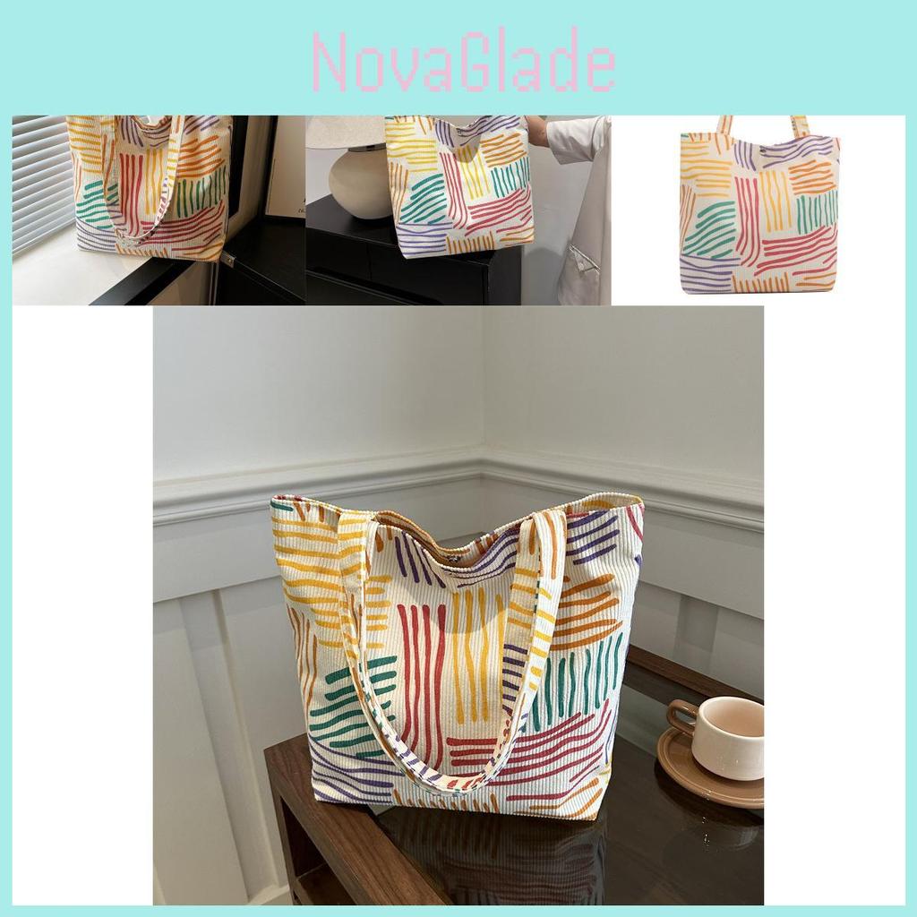 Fashionable Corduroy Canvas Tote Bag With Colorful Stripes And Large Capacity