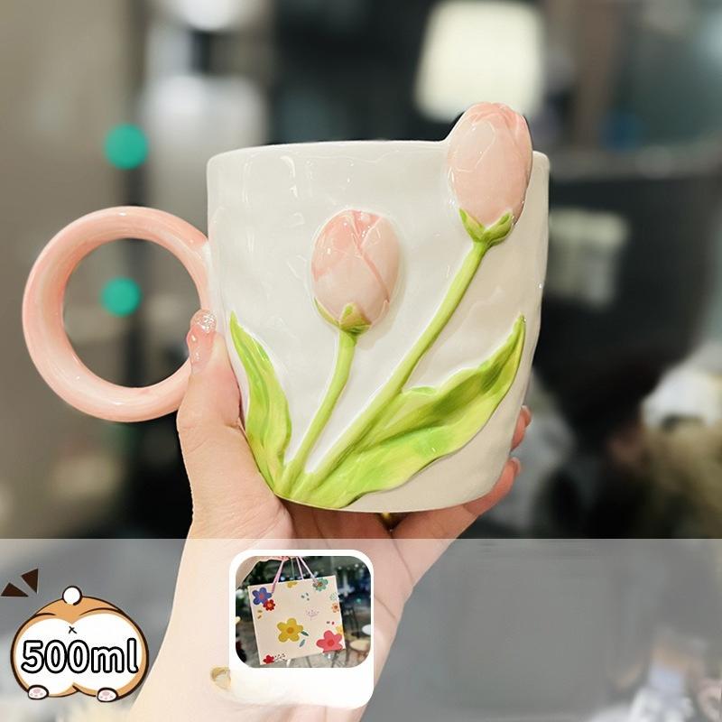 

Girls High-looking Gift Box Tulip Mug Ceramic Underglaze Color Home Drinking Water Breakfast Milk Oatmeal Cup 500ml