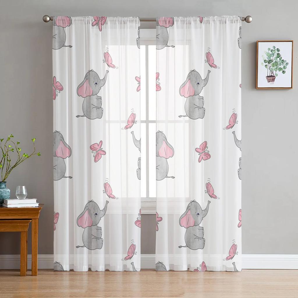Elephant Big Stupid Bird Heart Gray Blue Curtains Living Room Bedroom Decoration Window Voiles Morning Tulle Curtain Sheer Polyester Sitting Decor