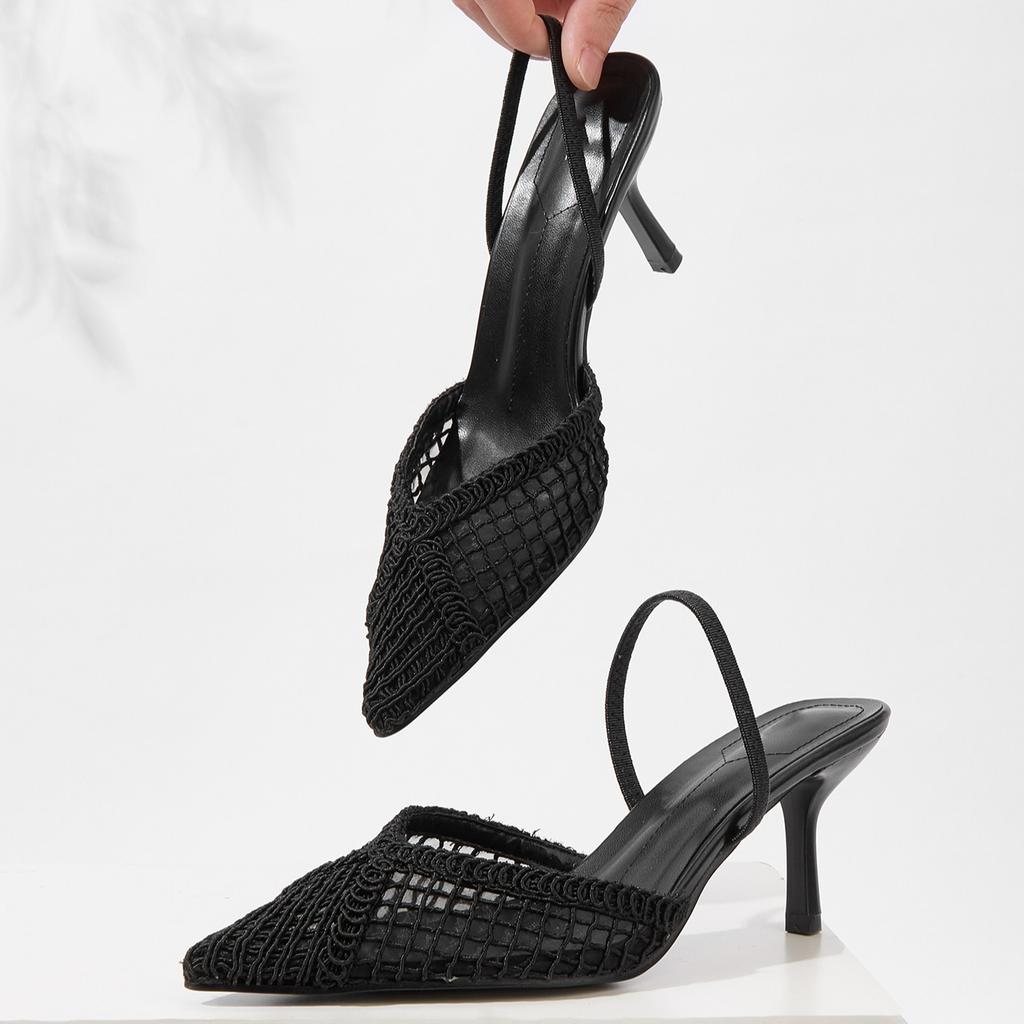 Mesh Brand Sandals Women Pumps Pointed Toe Elegant Slingback High Heels Female String Bead Designer Banquet Wedding Dress Shoes