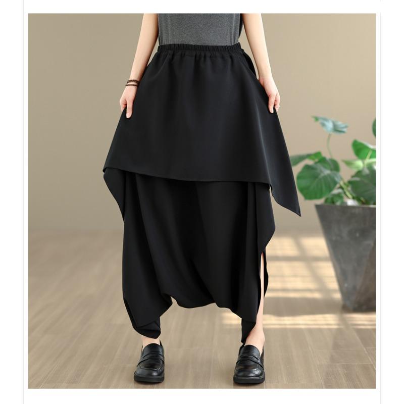 DIMANAF 2026 Summer Beach Plus Size Solid Black Long Pants Women Elastic Waist Loose Vintage Casual Trousers Skirt Pants Bottoms