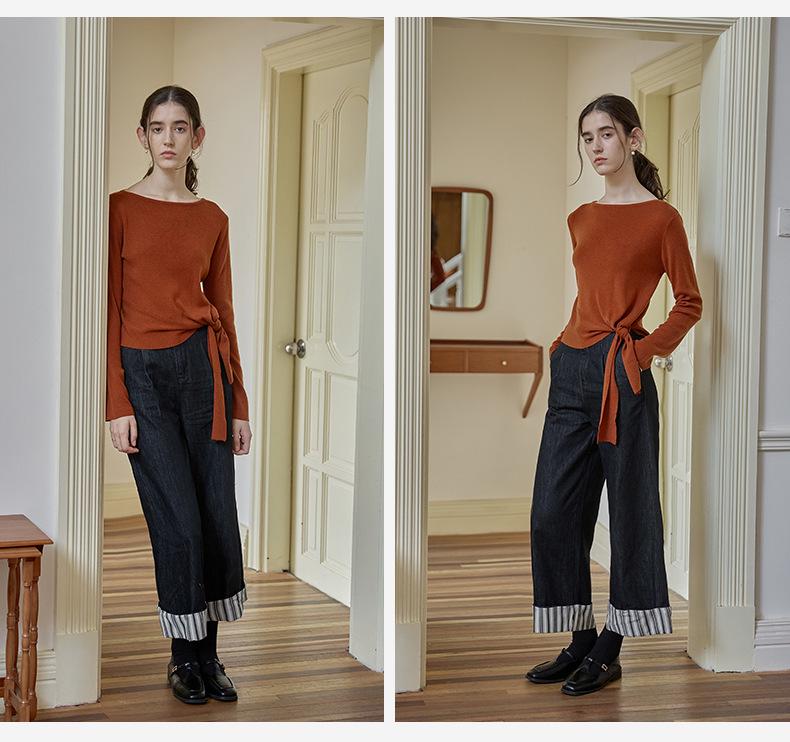 Women's Striped Patchwork Retro Wide-Leg Jeans: Slimming, Elastic Waist, Straight-Leg Pants for Spring