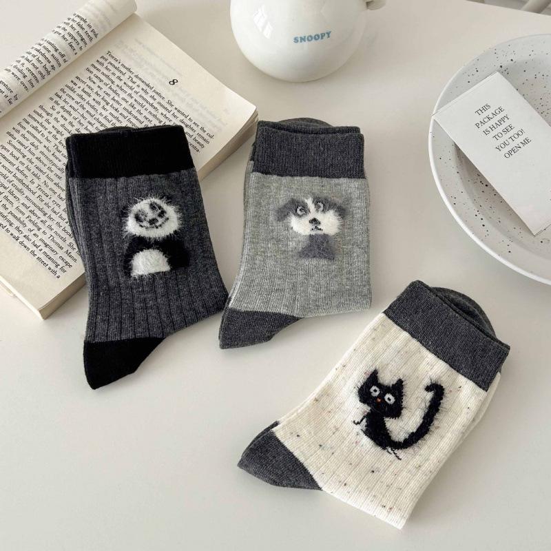 Szare Panda 3D Filcowe Kreskówkowe Skarpety do Połowy Łydki dla Kobiet - Japoński Styl Jesień/Zima Ciepło