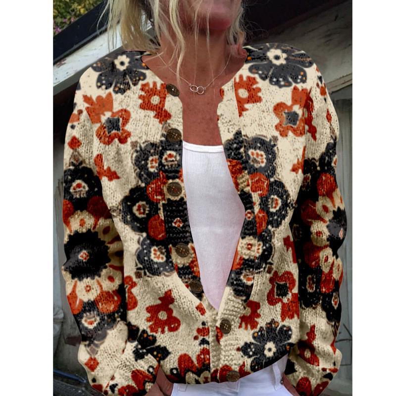 2025 Autumn/Winter Animal Print Round Neck Cardigan Sweater