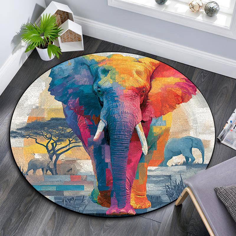 Elephant Round Area Rug,Carpet Rug for Living Room Bedroom Sofa Playroom Decor,Non-slip Floor Mat