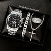 Fashion Business Geneva Calendar Watches Men's Stainless Steel Bracelet Pendant Necklace Ring Quartz Watch Set for Men