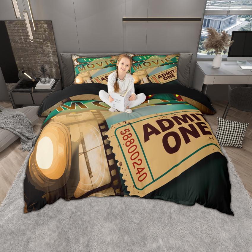 Homewish Vintage Movie Theatre Duvet Cover Set 2Pcs/3Pcs Retro Cinema Popcorn Bedding Film Theme Quilt Cover Set
