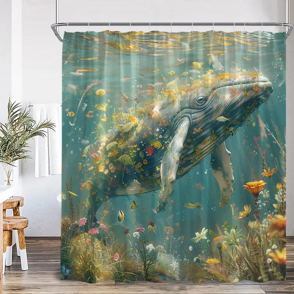Ocean Animal Shower Curtain Blue Whale Dolphin Seahorse Marine Life Nature Bathroom Decor Sea Poltester Bath Curtain with Hook