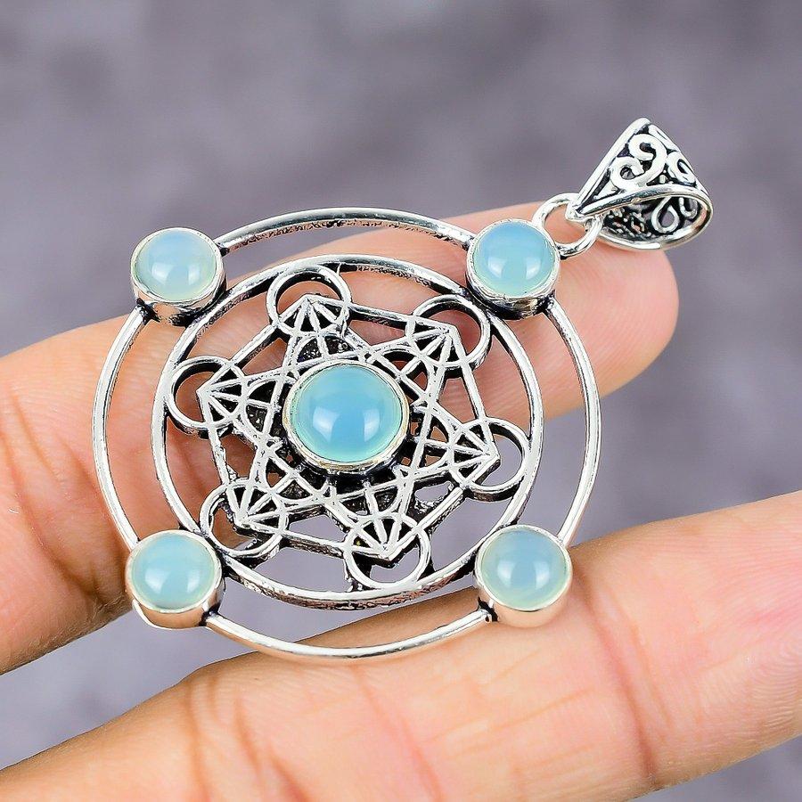 Natural Aqua Chalcedony Gemstone 925 Sterling Silver Gift Pendant 2.17" R3e78