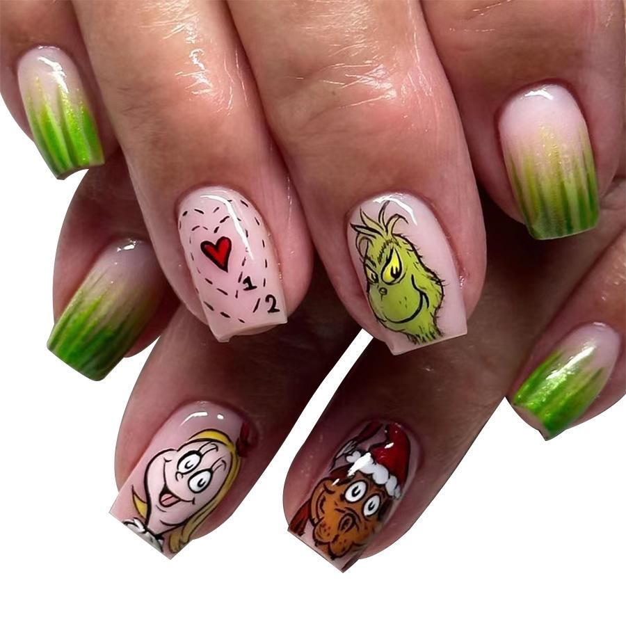 

24-Piece Green Grinch & Puppy Heart Detachable Nail Art Set