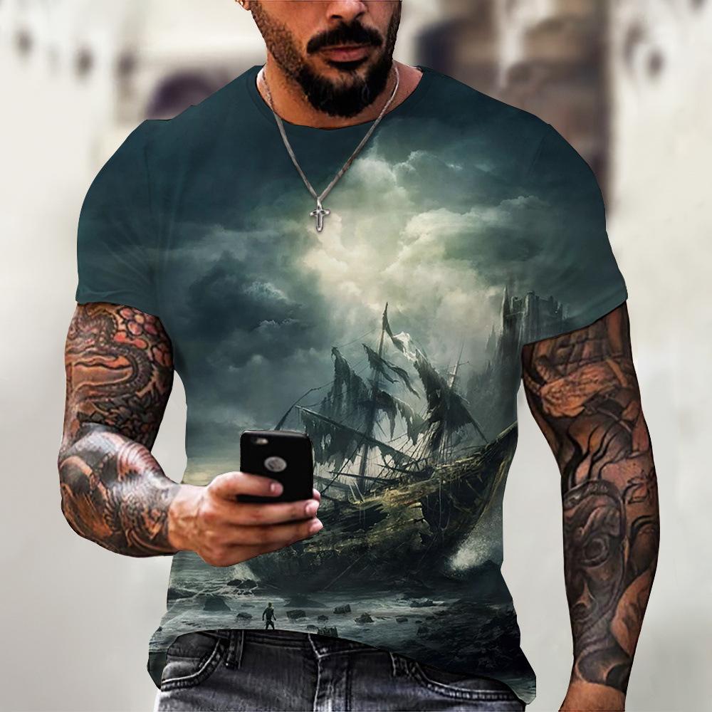 Vintage T-Shirts Men Spring Clothing Boat Graphic Apparel Streetwear Men's Clothing Casual Short Sleeve Tops For Male Shirt Tees