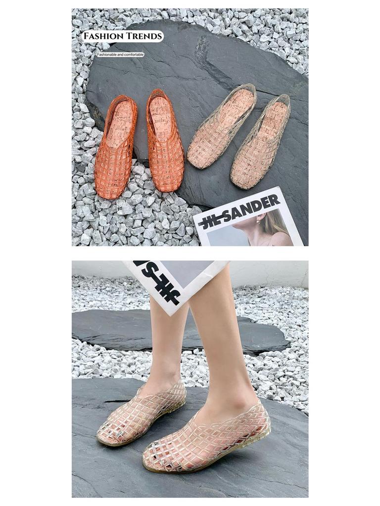 2025 Women's Mesh Slip-On Jelly Sandals: Crystal, Hollow Out, Flat Bottom, Comfortable, Casual Korean Style.
