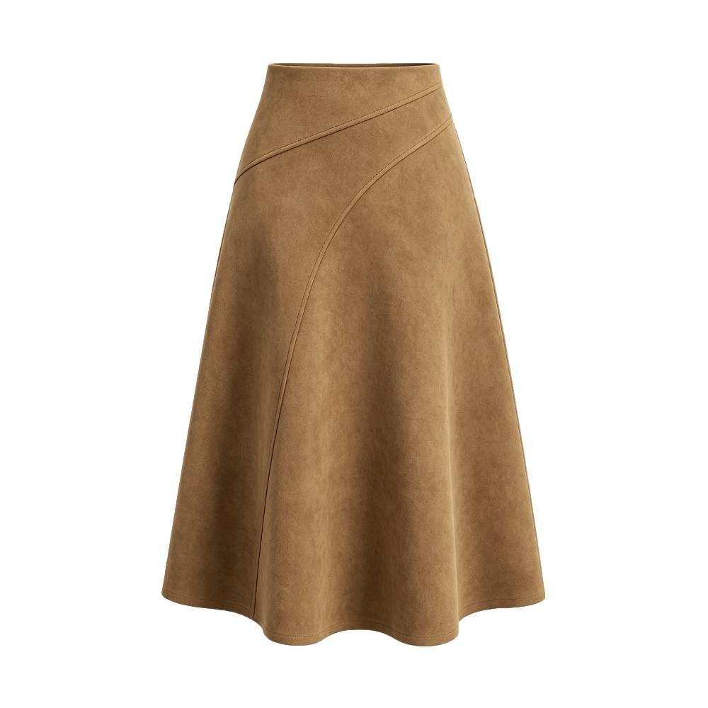 Damen Unifarbener Patchwork Wildleder Reißverschluss Rock Hohe Taille Schnalle Umwickelte Hüfte Kurzer Rock Mittellanger Rock