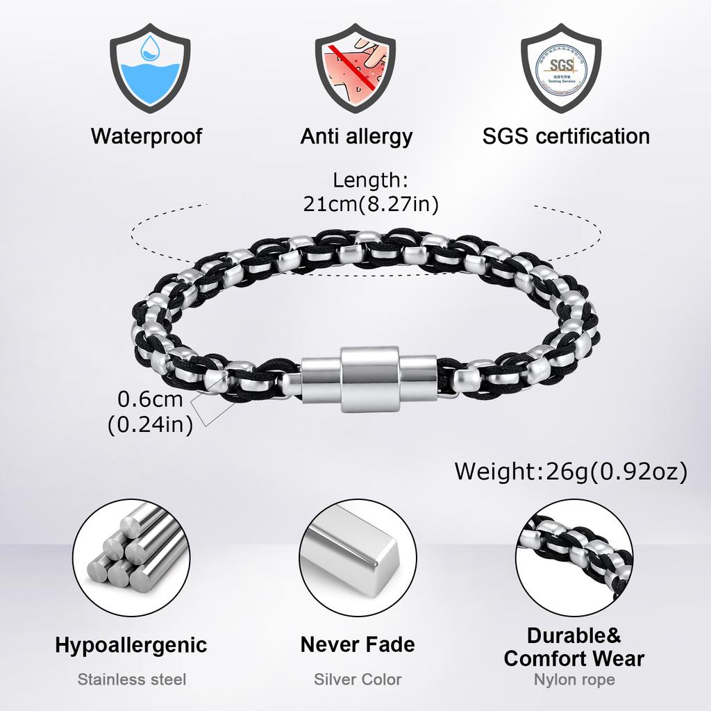 New Box Chain Bracelet for Men,Stainless Steel Black Nylon Rope Wrapped Chain Wristband,Hip Hop Punk Father's Day Gift