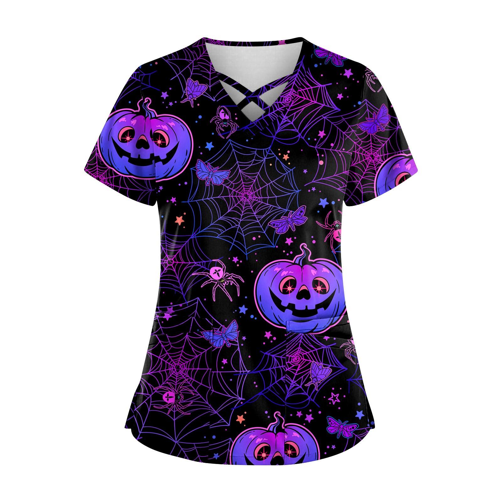 

Плюс размерСкраб с принтом Рабочая форма Топы для женщин Крест V-образным вырезом Хэллоуин Принт с короткими рукавами Забавные футболки Спецодежда Футболка с карманами XXXL