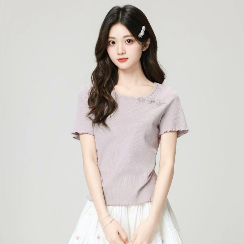 Korean Style Women Purple Slim Fit Short Sleeve Casual T Shirt Top S