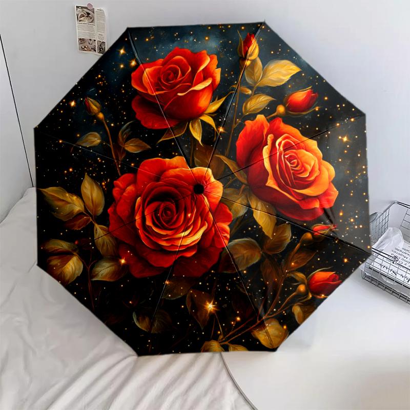 

1 PC Automatic Folding Umbrella - Golden Red Rose Pattern, Portable & Foldable Design with 8 Ribs, Christmas Birthday Gifts
